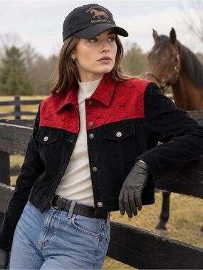 Vintage Montana Coat Company Womens L Red/Black Fleece Horse Print Crop Jacket